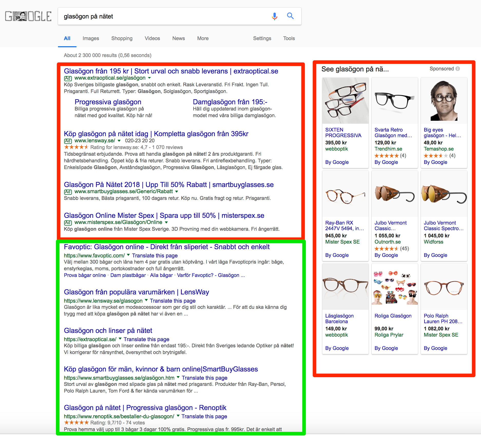 Organiska och betalda resultat på Google
