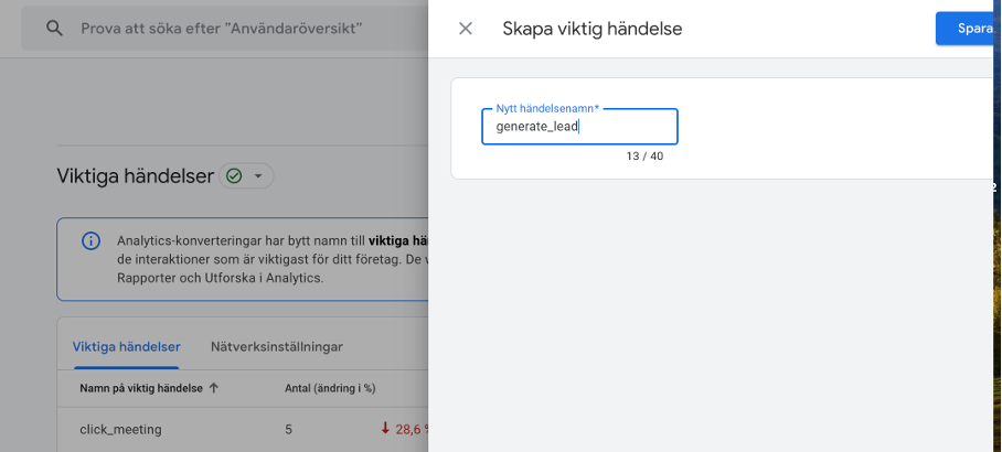 Viktiga händelser och konverteringar i Google Analytics 4